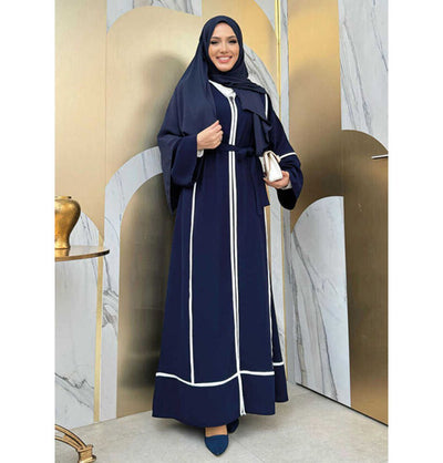 Modefa Abaya Modest Muslim Woman's Classy Striped Abaya - 7885 Navy Blue