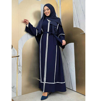 Modefa Abaya Modest Muslim Woman's Classy Striped Abaya - 7885 Navy Blue