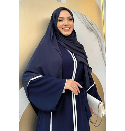 Modefa Abaya Modest Muslim Woman's Classy Striped Abaya - 7885 Navy Blue