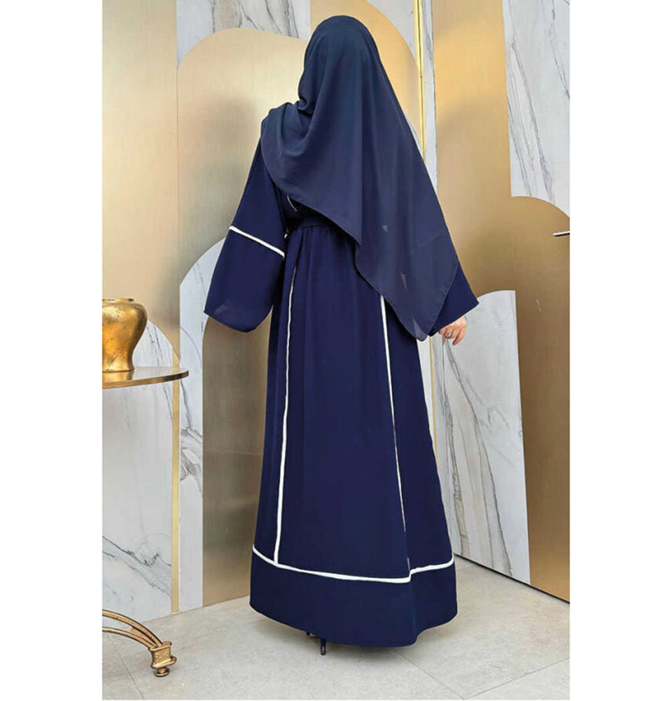 Modefa Abaya Modest Muslim Woman's Classy Striped Abaya - 7885 Navy Blue