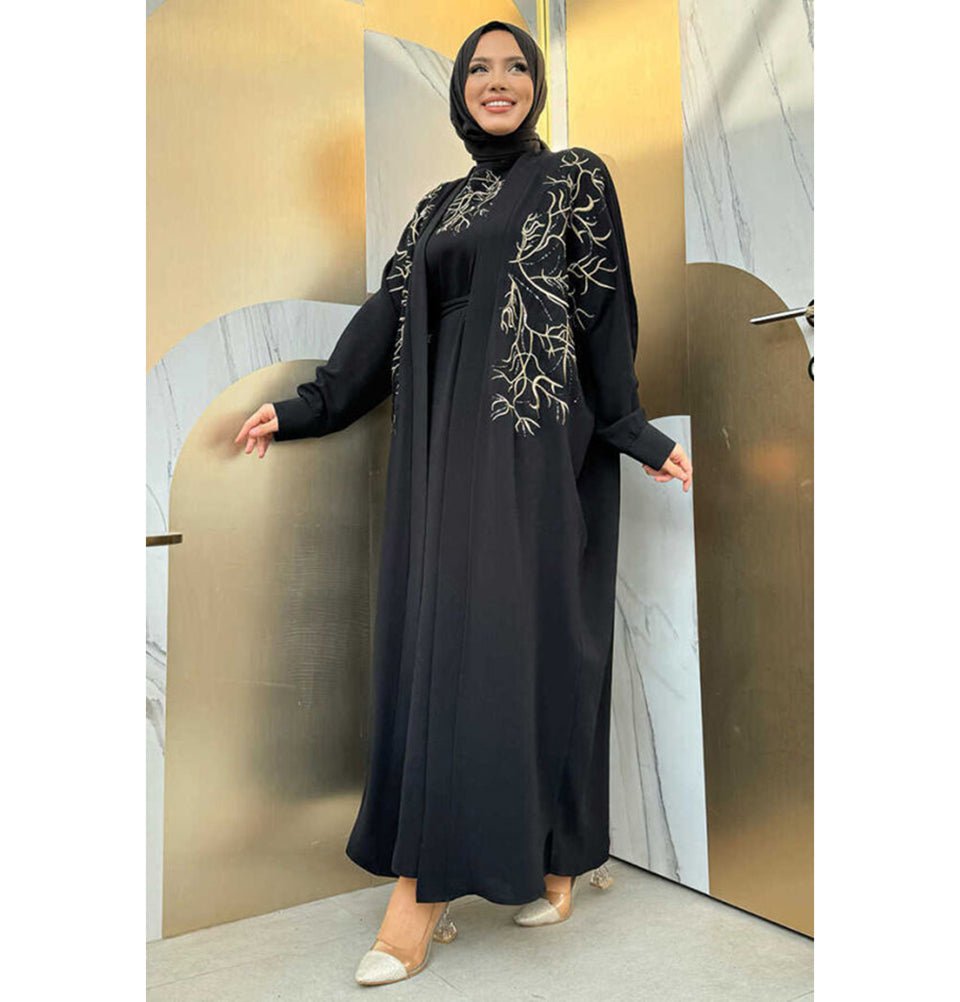 Modefa Abaya Modest Muslim Woman's Embroidered Golden Roots 2 Piece Abaya - 8486 Black