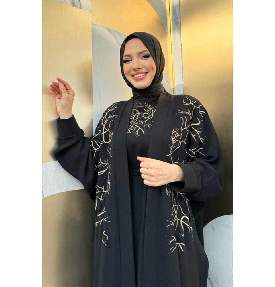 Modefa Abaya Modest Muslim Woman's Embroidered Golden Roots 2 Piece Abaya - 8486 Black