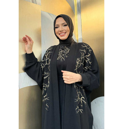Modefa Abaya Modest Muslim Woman's Embroidered Golden Roots 2 Piece Abaya - 8486 Black