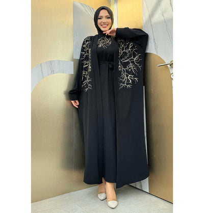 Modefa Abaya Modest Muslim Woman's Embroidered Golden Roots 2 Piece Abaya - 8486 Black