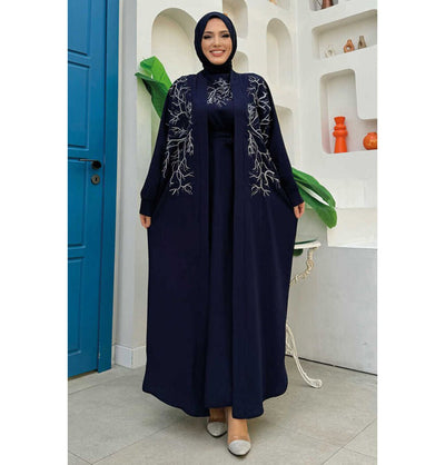 Modefa Abaya Modest Muslim Woman's Embroidered Golden Roots 2 Piece Abaya - 8486 Navy Blue