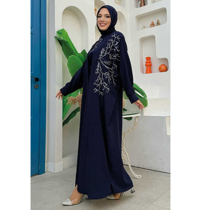 Modefa Abaya Modest Muslim Woman's Embroidered Golden Roots 2 Piece Abaya - 8486 Navy Blue