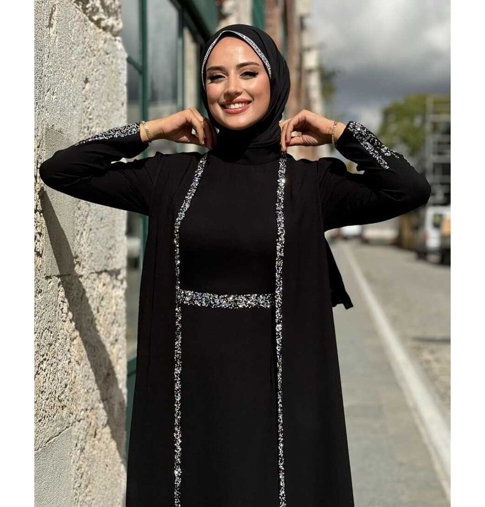 Modefa Abaya Modest Muslim Woman's Glamor Two Piece Abaya - 3838 Black