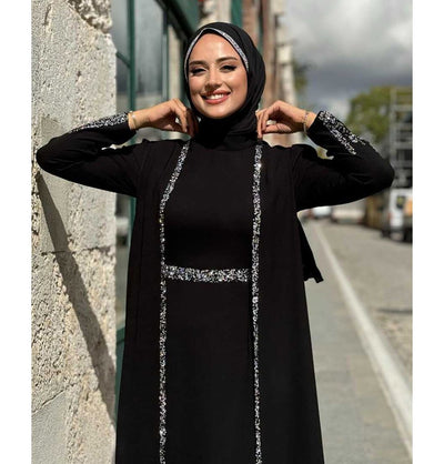 Modefa Abaya Modest Muslim Woman's Glamor Two Piece Abaya - 3838 Black