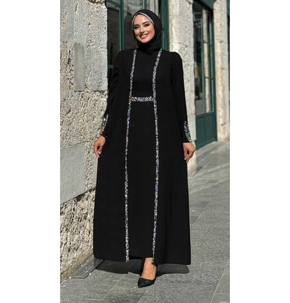 Modefa Abaya Modest Muslim Woman's Glamor Two Piece Abaya - 3838 Black