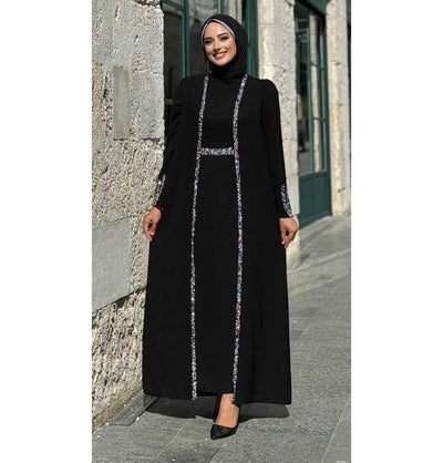 Modefa Abaya Modest Muslim Woman's Glamor Two Piece Abaya - 3838 Black