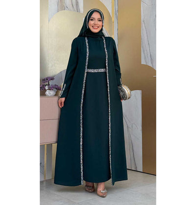 Modefa Abaya Modest Muslim Woman's Glamor Two Piece Abaya - 3838 Forest Green