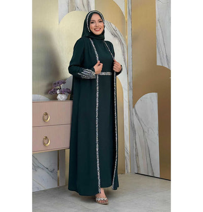 Modefa Abaya Modest Muslim Woman's Glamor Two Piece Abaya - 3838 Forest Green
