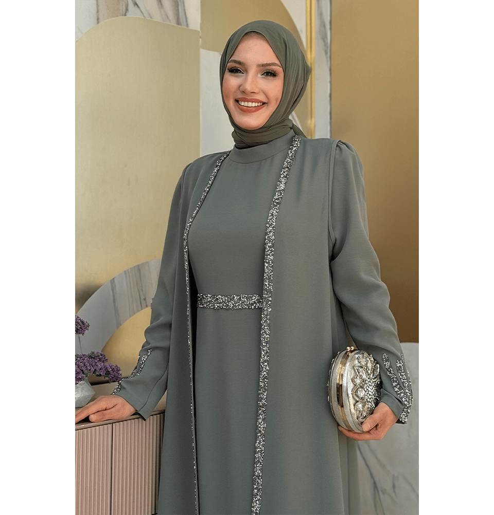 Modefa Abaya Modest Muslim Woman's Glamor Two Piece Abaya - 3838 Mint Green