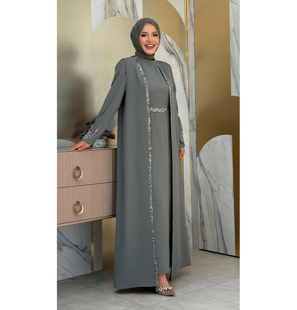 Modefa Abaya Modest Muslim Woman's Glamor Two Piece Abaya - 3838 Mint Green