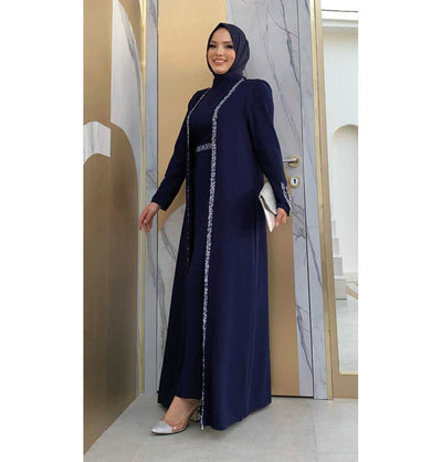 Modefa Abaya Modest Muslim Woman's Glamor Two Piece Abaya - 3838 Navy Blue