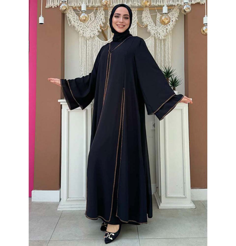 Modefa Abaya Modest Muslim Woman's Layered Sleeves Two Piece Abaya - 3873 Black