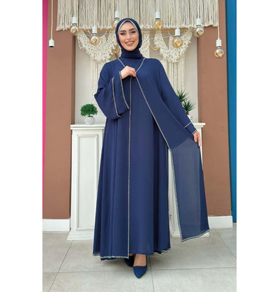 Modefa Abaya Modest Muslim Woman's Layered Sleeves Two Piece Abaya - 3873 Navy Blue