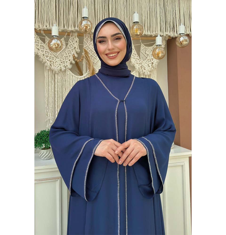 Modefa Abaya Modest Muslim Woman's Layered Sleeves Two Piece Abaya - 3873 Navy Blue