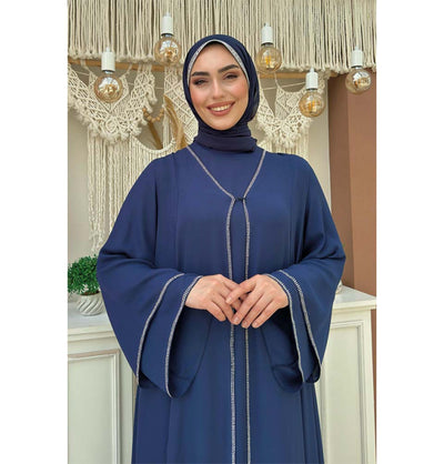 Modefa Abaya Modest Muslim Woman's Layered Sleeves Two Piece Abaya - 3873 Navy Blue