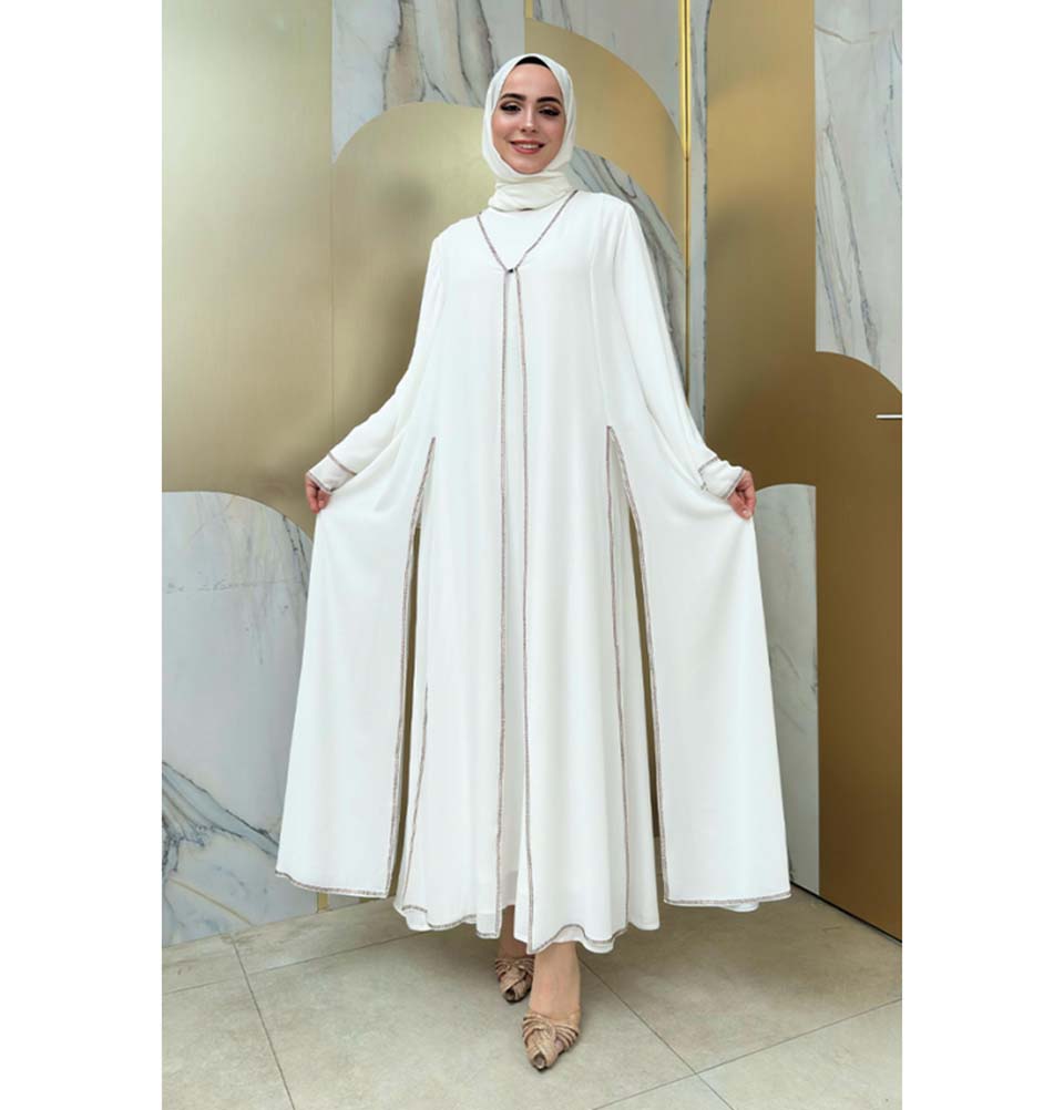 Modefa Abaya Modest Muslim Woman's Layered Sleeves Two Piece Abaya - 3873 White