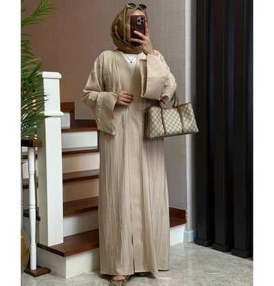 Modefa Abaya Modest Muslim Woman's Luxe Open Abaya with Wide Legged Pants - Beige