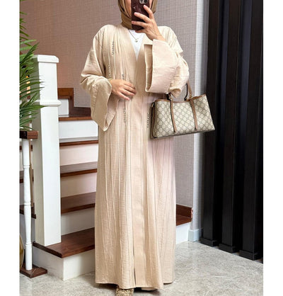Modefa Abaya Modest Muslim Woman's Luxe Open Abaya with Wide Legged Pants - Beige
