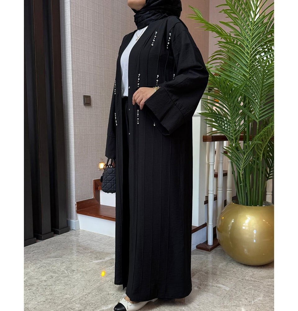 Modefa Abaya Modest Muslim Woman's Luxe Open Abaya with Wide Legged Pants - Black