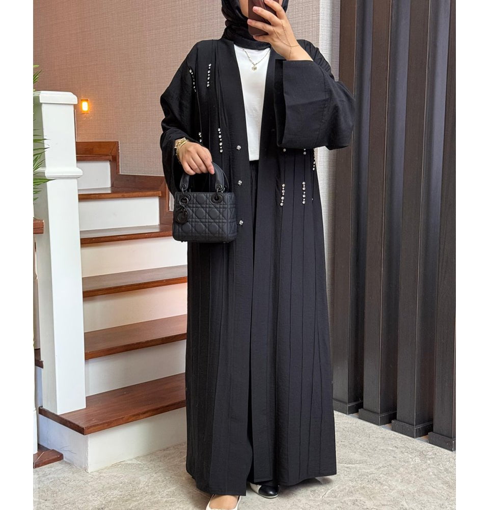 Modefa Abaya Modest Muslim Woman's Luxe Open Abaya with Wide Legged Pants - Black
