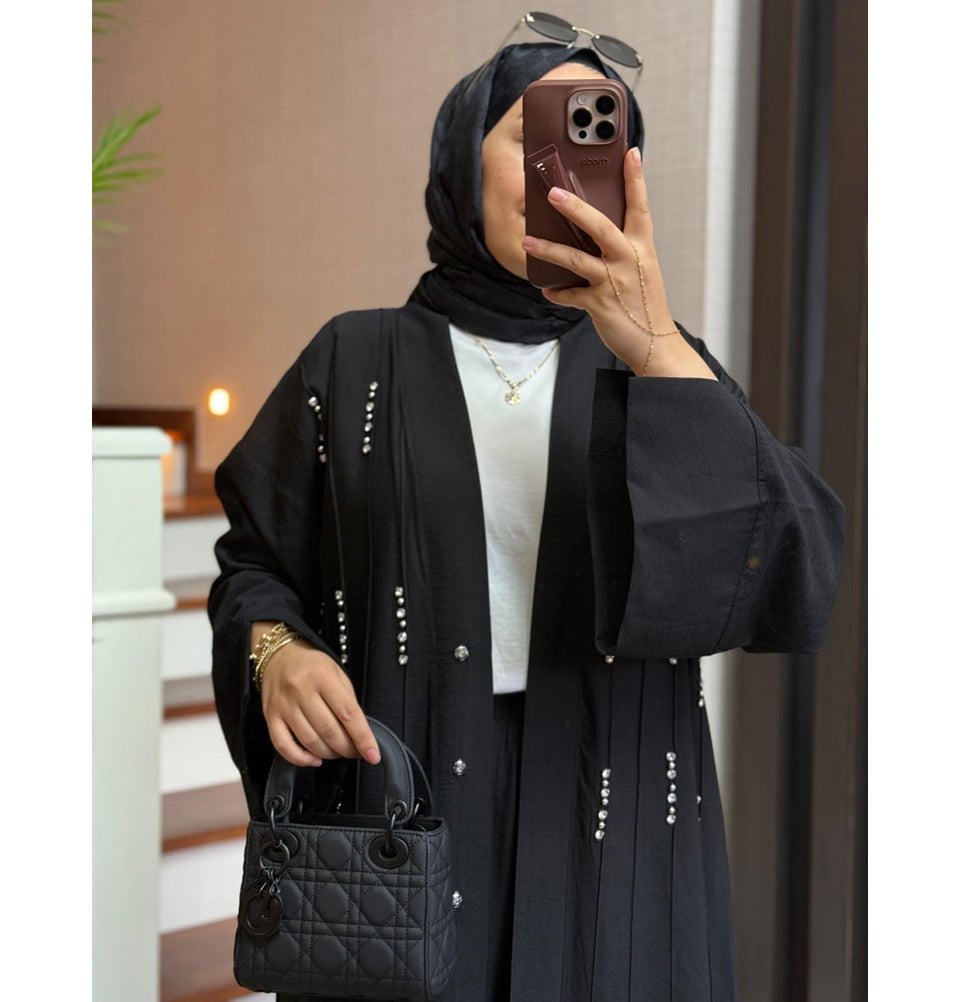 Modefa Abaya Modest Muslim Woman's Luxe Open Abaya with Wide Legged Pants - Black