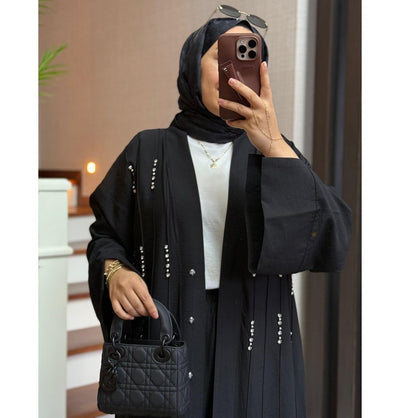 Modefa Abaya Modest Muslim Woman's Luxe Open Abaya with Wide Legged Pants - Black