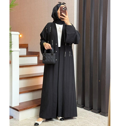 Modefa Abaya Modest Muslim Woman's Luxe Open Abaya with Wide Legged Pants - Black