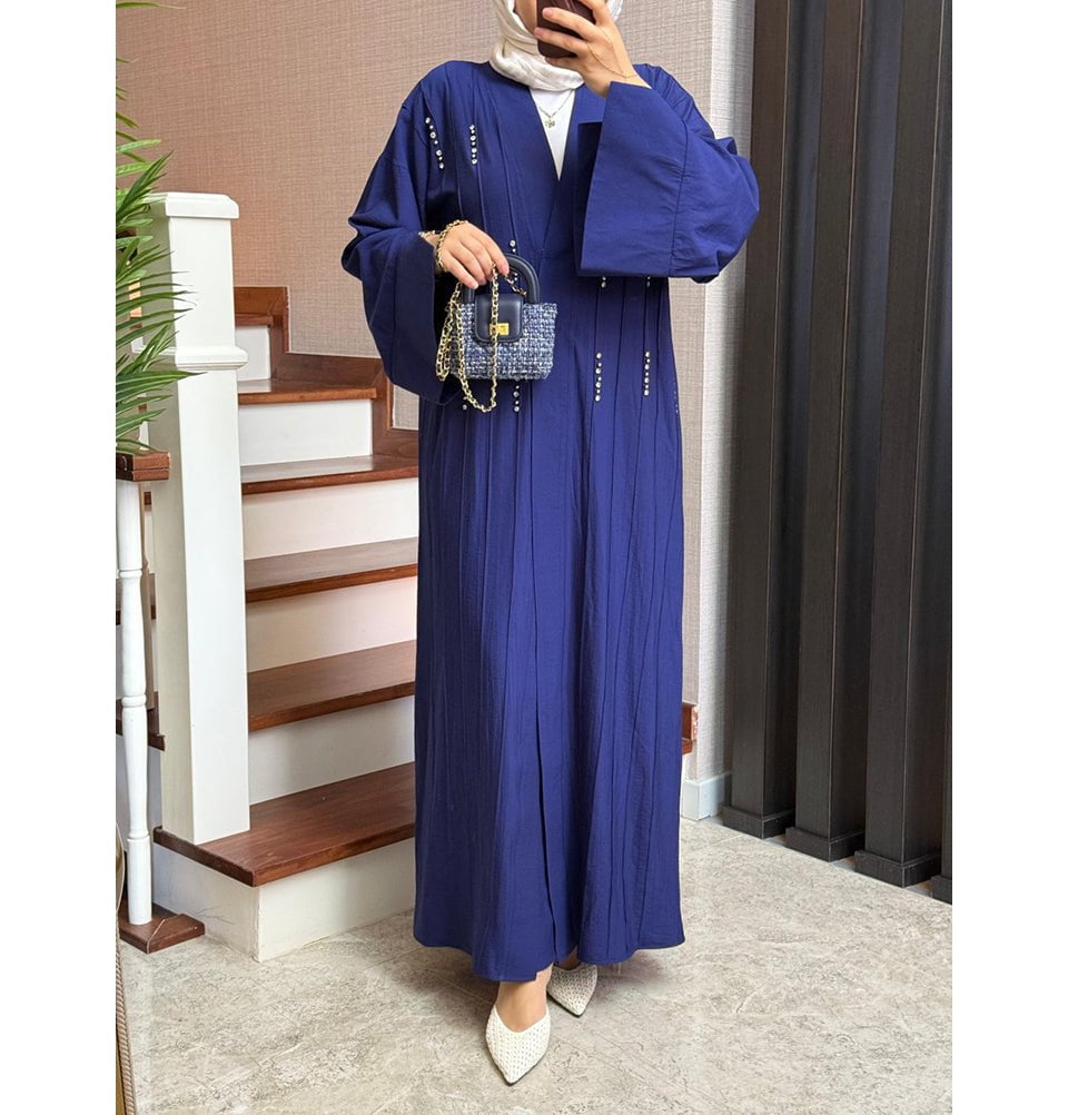 Modefa Abaya Modest Muslim Woman's Luxe Open Abaya with Wide Legged Pants - Blue