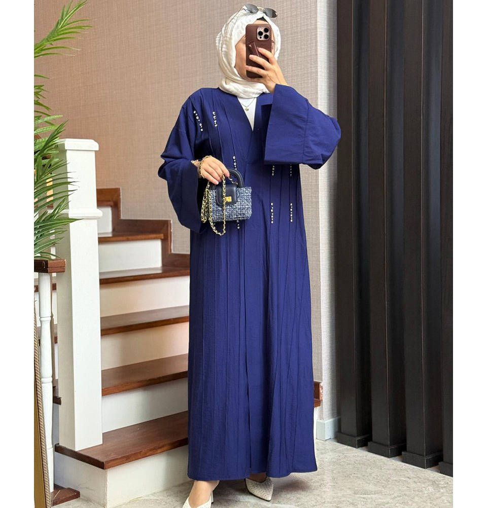 Modefa Abaya Modest Muslim Woman's Luxe Open Abaya with Wide Legged Pants - Blue