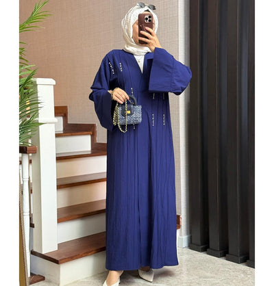 Modefa Abaya Modest Muslim Woman's Luxe Open Abaya with Wide Legged Pants - Blue