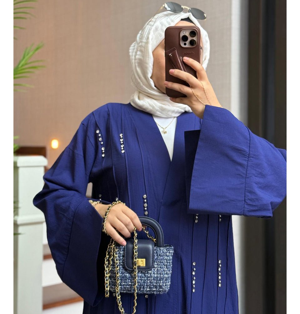 Modefa Abaya Modest Muslim Woman's Luxe Open Abaya with Wide Legged Pants - Blue