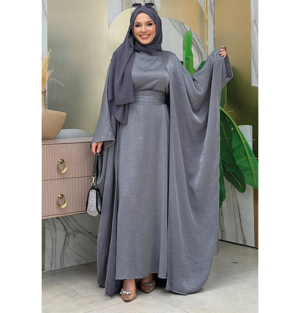 Modefa Abaya Modest Muslim Woman's Luxe Silk Kimono Two Piece Abaya - 8497 Grey
