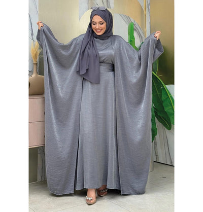 Modefa Abaya Modest Muslim Woman's Luxe Silk Kimono Two Piece Abaya - 8497 Grey