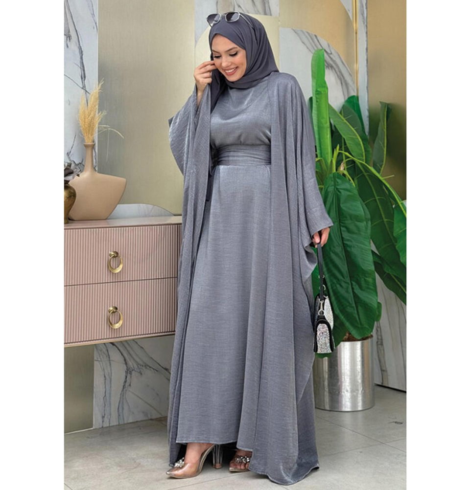 Modefa Abaya Modest Muslim Woman's Luxe Silk Kimono Two Piece Abaya - 8497 Grey