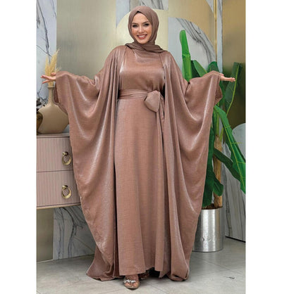 Modefa Abaya Modest Muslim Woman's Luxe Silk Kimono Two Piece Abaya - 8497 Mink