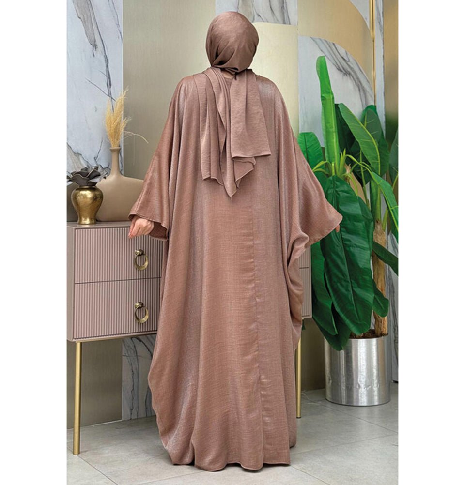 Modefa Abaya Modest Muslim Woman's Luxe Silk Kimono Two Piece Abaya - 8497 Mink
