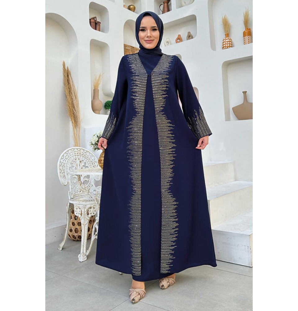 Modefa Abaya Modest Muslim Woman's Sequins Two Piece Abaya - 8498 Navy Blue