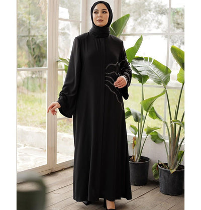 Modefa Abaya Modest Muslim Woman's Stoned Ripples Black Abaya - 36150