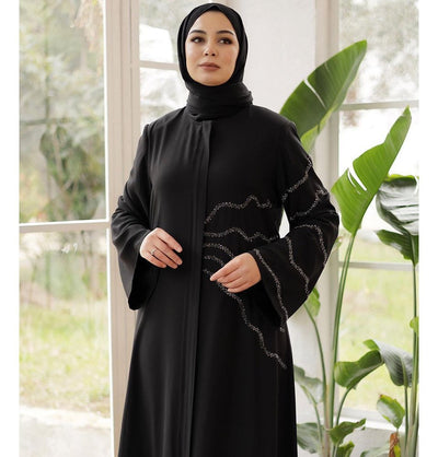 Modefa Abaya Modest Muslim Woman's Stoned Ripples Black Abaya - 36150
