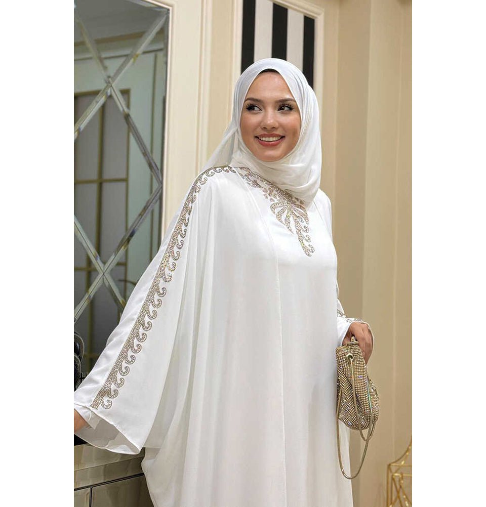 Modefa Abaya Modest Muslim Woman's Two Piece Butterfly Abaya with Gold Sequins - 8699 - White