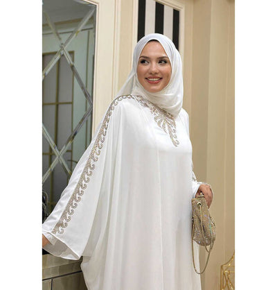 Modefa Abaya Modest Muslim Woman's Two Piece Butterfly Abaya with Gold Sequins - 8699 - White