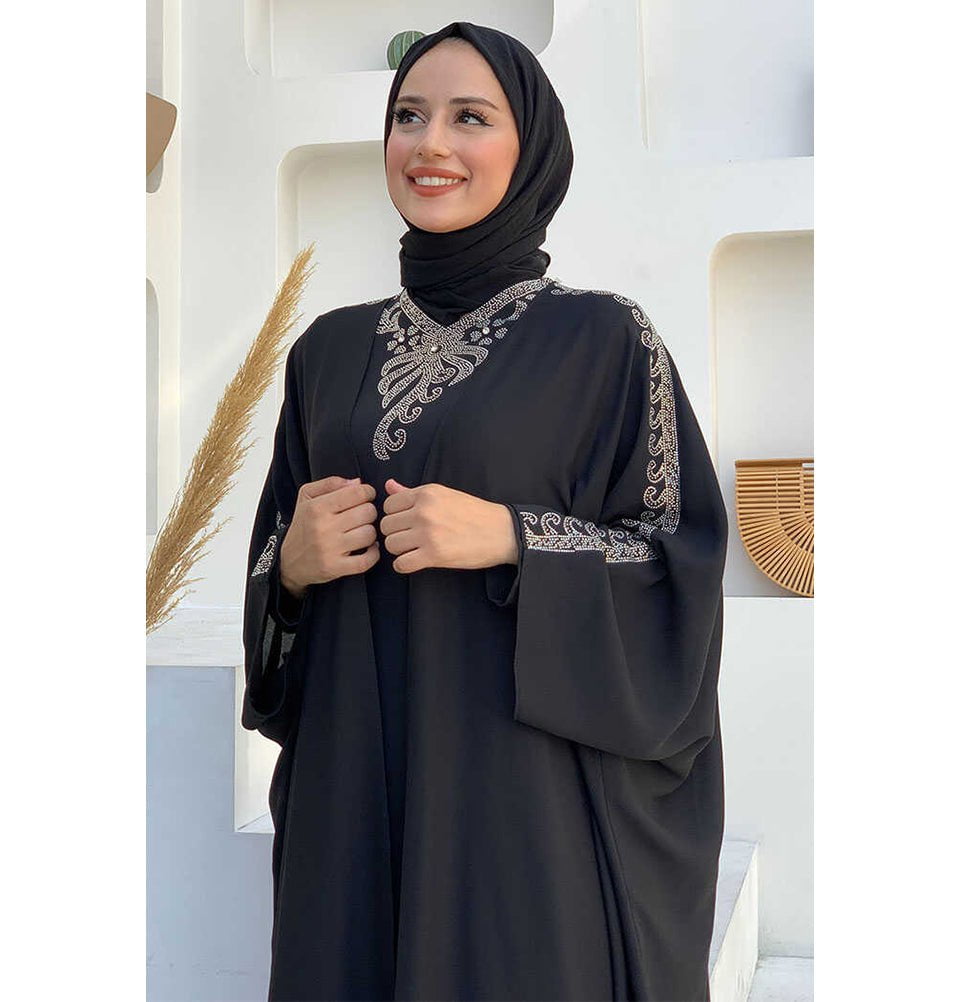 Modefa Abaya Modest Muslim Woman's Two Piece Butterfly Abaya with Silver Sequins - 8499 - Black
