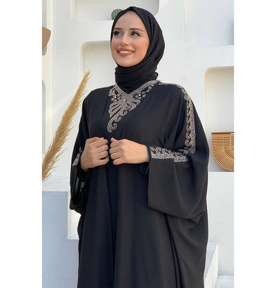 Modefa Abaya Modest Muslim Woman's Two Piece Butterfly Abaya with Silver Sequins - 8499 - Black