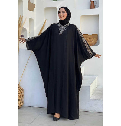 Modefa Abaya Modest Muslim Woman's Two Piece Butterfly Abaya with Silver Sequins - 8499 - Black