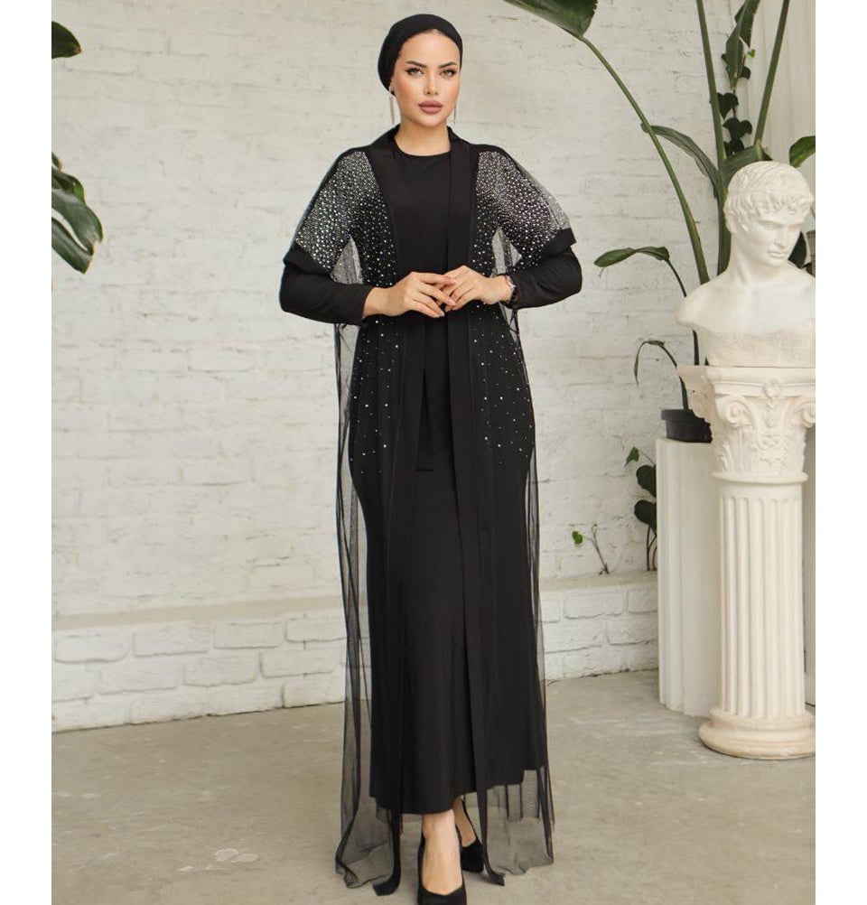 Modefa Abaya Modest Muslim Woman Starlight Sheer Overlay Abaya - 3355 Black