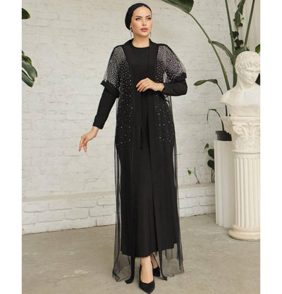 Modefa Abaya Modest Muslim Woman Starlight Sheer Overlay Abaya - 3355 Black